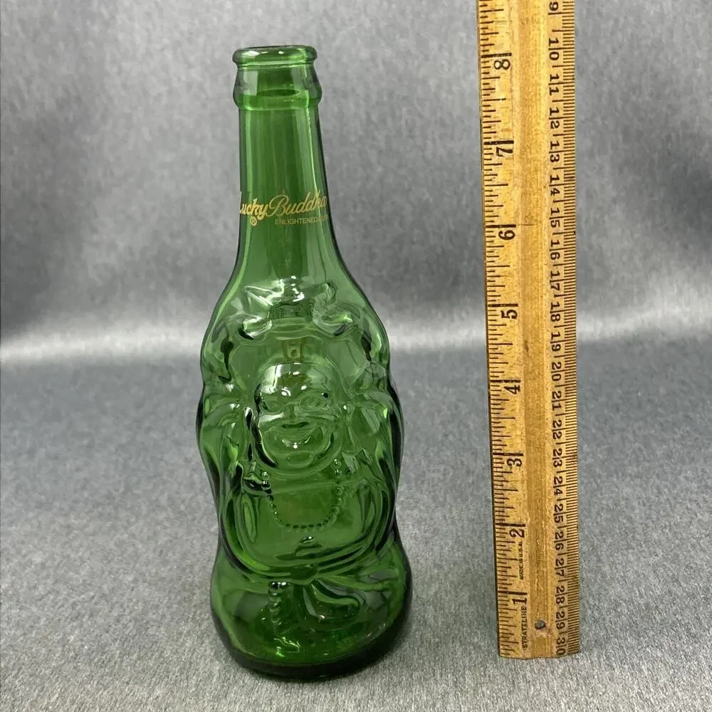 Lucky Buddha Beer Bottle Green Glass Empty Collectible Barware Decor